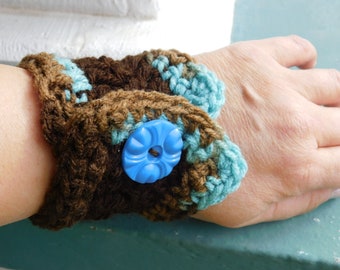 Cowgirl Crocheted Cuff .  Coffee Brown, Light Brown, & Sky Blue Crocheted Cuff with Vintage Cornflower Blue Lucite button