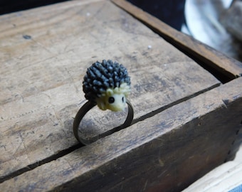 Hedgehog ring. Mini resin hedgehog on ox brass adjustable ring. Kawaii. cute. happy. kids ring.  #FestiveEtsyFinds