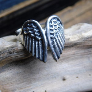 May include: A silver ring with a detailed design of angel wings.