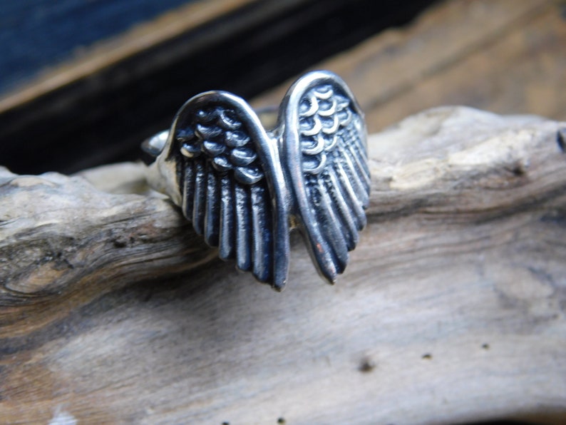 May include: A silver ring with a detailed design of angel wings.