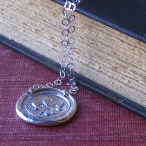 The Journey Wax seal stamping rustic cast in Sterling Silver Fleur De Lis Nola Pendant and chain-Made to order. Hand forged by Chymiera