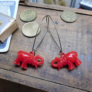 Two by Two. Vintage Celluloid Candy Apple Red Circus Elephant charms upcyled earrings. Gumball Machine Cracker Jack Box Surprise