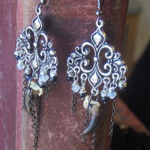 Howling Moon. Coyote Claw, Opalite, Blue Goldstone & Antiqued Silver Chandelier Earrings. Back by Popular Demand! Made to Order