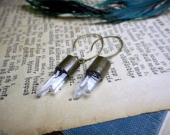 Cave Dwellers - Stalagmites and Stalactites, Perfect Harmony. Tiny Quartz Tourmaline Crystals and rustic brass handmade boho Earrings