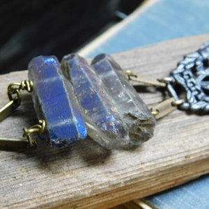 The Hela Bracelet. ROugh Raw Cobalt Blue titanium coated quartz , Gothic Black filigree center, and Glass beads one of a kind bracelet cuff image 4
