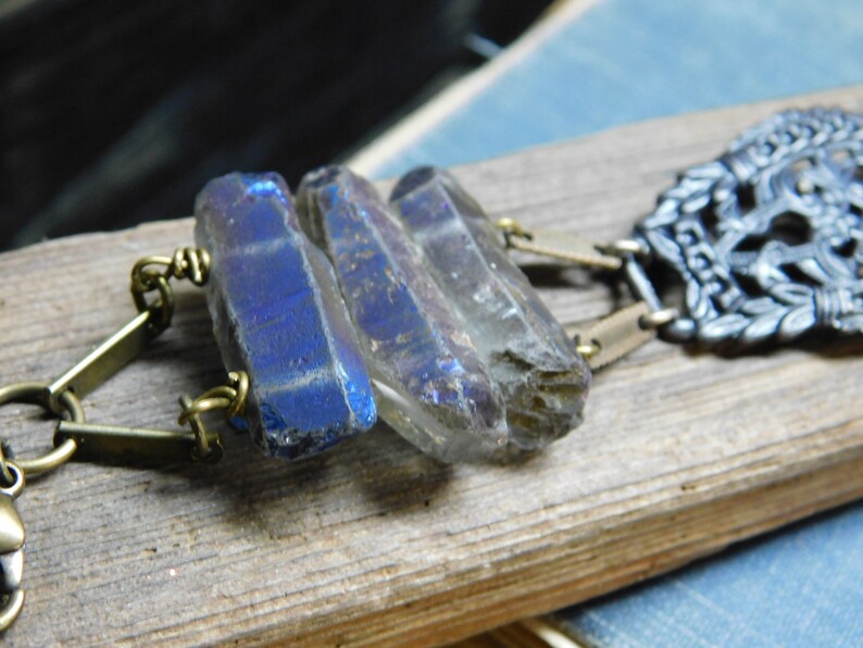 The Hela Bracelet. ROugh Raw Cobalt Blue titanium coated quartz , Gothic Black filigree center, and Glass beads one of a kind bracelet cuff image 4