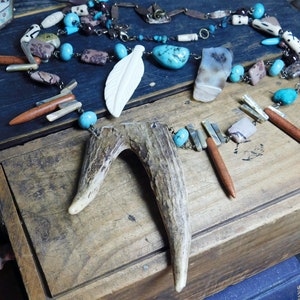 Shapeshifter Necklace Ensemble. 2nd Generation Skin Walker. Deer antler double tine, Skulls, Carved Yak Bone Feather, MOP, & gemstones OOAK