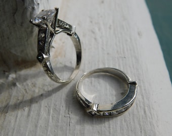 Princess Bride. Engagement Ring and Matching Wedding Band Set. Sterling Silver & CZ stones. Fairytale Storyteller. Castle Bricks Size 5 -1/4