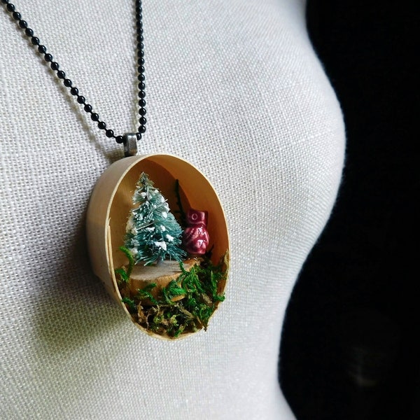 Little Owl Necklace No.2  Mini Diorama Dried Terrarium Moss Feathers Frosted Spruce Tree Neck Art Assemblage. Handmade Rustic Woodland Fauna