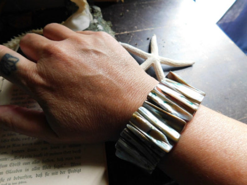 Calypso. Mother of Pearl Abalone Spikes Stretch Cuff Bracelet . Iridescent Shell tooth beaded boho ooak sage green jewelry image 1