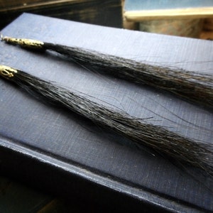 The nighthorse (Hrímfaxi) Black Stallion Horse Hair And Antiqued Victorian Bead Caps. Daughter of Night. Moon Rider. Long Decadent earrings