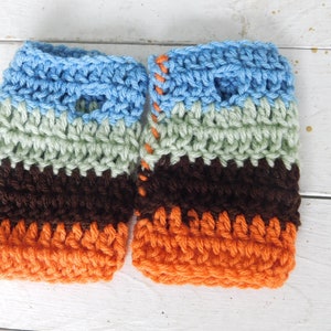 Seasons Gloves. Short gloves , fingerless gloves, striped coffee brwon, sage green, soft blue, pumpkin orange. Handmade crocheted gloves