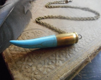 The Warrior. Tribal Unisex Talisman. Brass Bullet Shell & Turquoise Howlite Talon Necklace  #FestiveEtsyFinds
