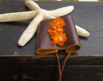 The Hibiscus Gypsy Wrist Cuff  Leather Bracelet . Victorian corsette style Leather laced cuff. Orange silk flowers embellished