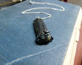 Supernova. Black Epidote crystal encrusted with crushed Peacock ore & sterling silver necklace.  #FestiveEtsyFinds