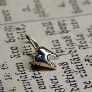 May include: A silver tooth charm pendant, a popular choice for jewelry making, is shown on a page of an old book.