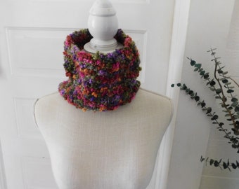 The Alexandrite Scarf. Boucle Plush Rustic Handmade crochet boho Gemstone Inspired Neck wrap Cowl, Infinity Scarf. Pink, Purple, Green, Gold