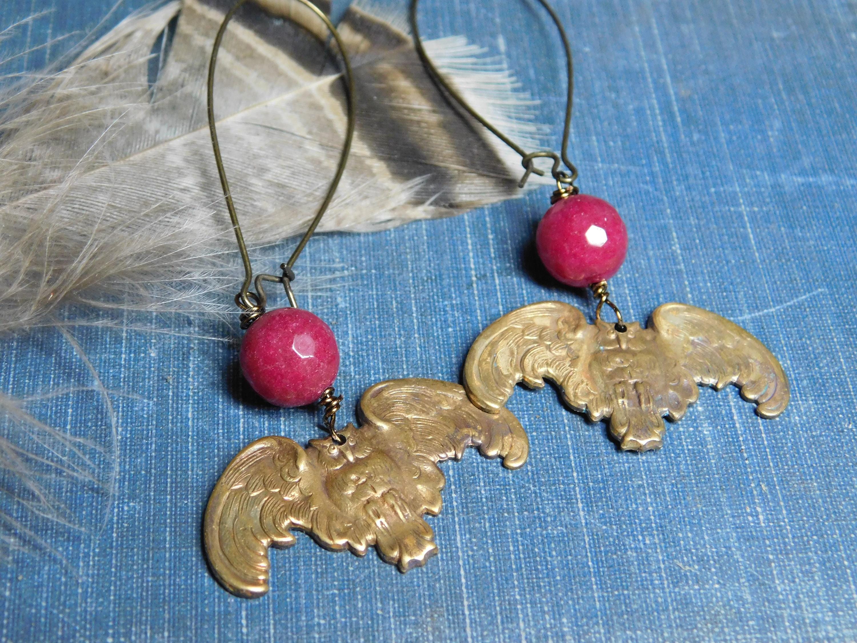 Nocturnal. Oxidized brass Owl and Faceted Fuchsia Candy Jade sphere earrings