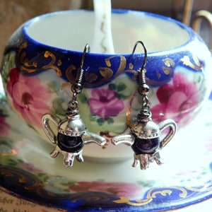 Nighttime Tea. Miniature tea pots & dark blue goldstone gemstone earrings.  #FestiveEtsyFinds