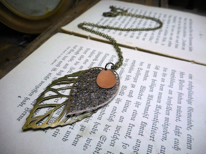 Autumn Foliage. Three Leaf Pendant Necklace. Rustic Boho. Mixed Metals Brass copper bronze. leaf skeleton FestiveEtsyFinds image 1