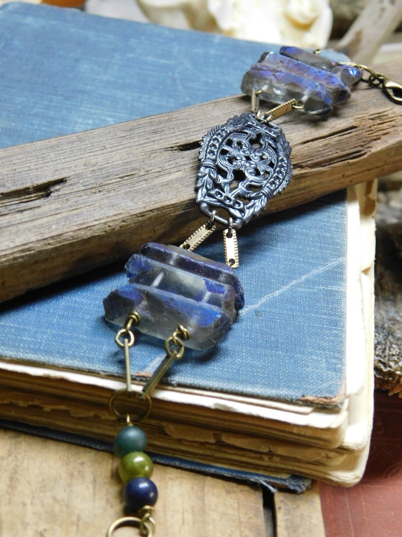 The Hela Bracelet. ROugh Raw Cobalt Blue titanium coated quartz , Gothic Black filigree center, and Glass beads one of a kind bracelet cuff image 10