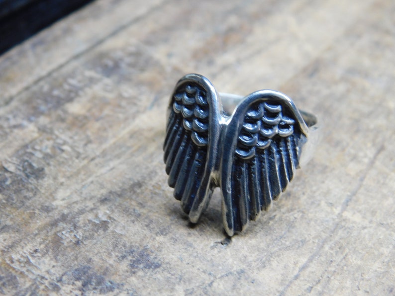 May include: A silver ring with a detailed design of angel wings.