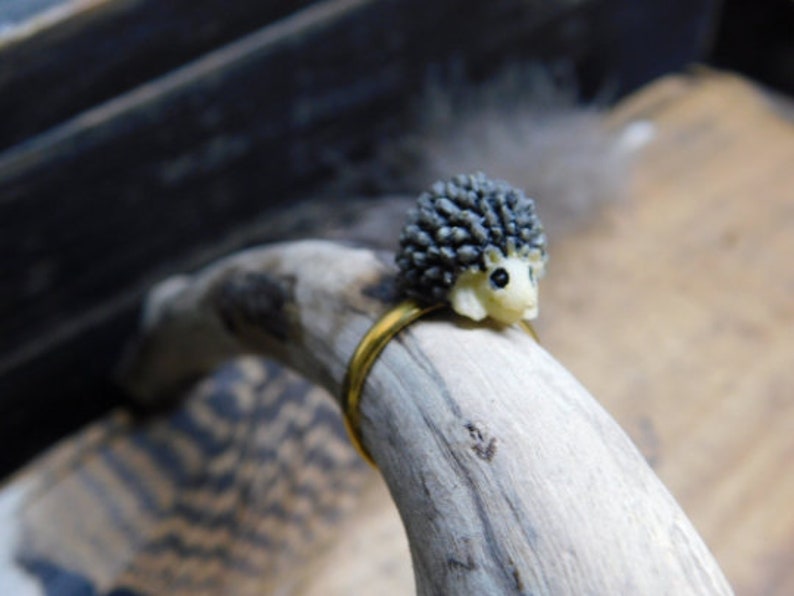 Hedgehog ring. Mini resin hedgehog on gold tone brass adjustable ring. Kawaii. cute. happy. kids ring. FestiveEtsyFinds image 1
