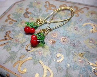 Cherry Bombs . Vintage Red Fused Glass & golden brass Retro earrings. Pinup Earring pin up model dangle photo prop earrings