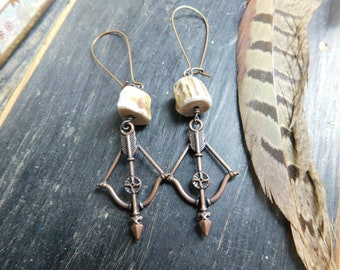 The Archer earrings. Genuine Deer antler sections and Oxidized Copper Bow & Arrow earrings.  #FestiveEtsyFinds
