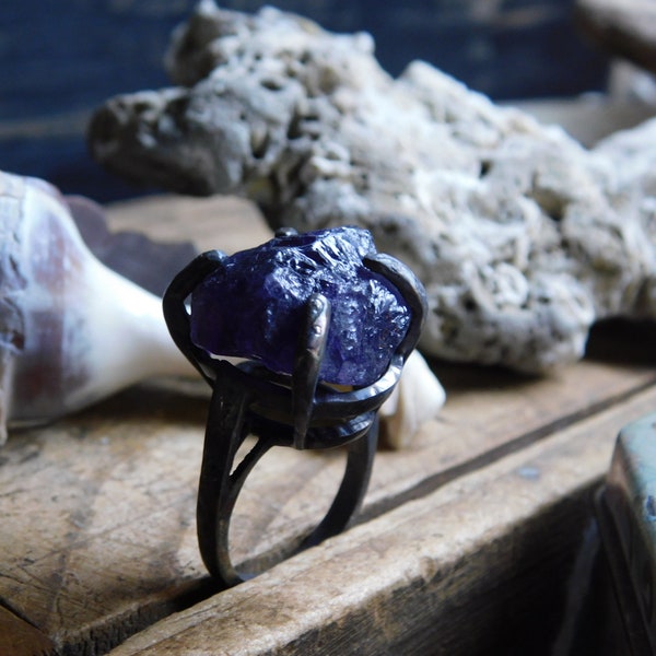 Valhalla Sky Ring. Rough Raw Amethyst Stone Washer Woman Engagement Ring Medieval Nordic Wedding Sterling Silver Deep Purple Specimen SZ 6.5