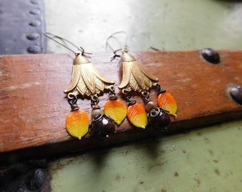 Autumn&#39;s Reprise: Falling Leaf.  Hand Blown Glass Leaves, Chocolate Jade, & Autumn Jasper chandelier earrings. one of a kind ooak