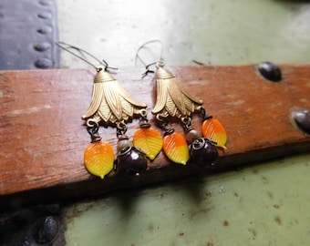 Autumn's Reprise: Falling Leaf.  Hand Blown Glass Leaves, Chocolate Jade, & Autumn Jasper chandelier earrings. one of a kind ooak