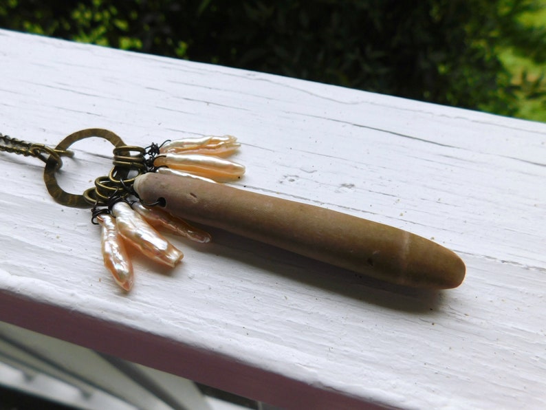 Bohemian summer collection Peach Biwa Stick Pearls and Genuine Large Sea Urchin Spine necklace Sea Hag