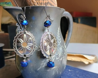 Daisies & Denim | Silver Concho Daisy Medallions and Cobalt Blue Crystal Quartz Rondelle Cowgirl Southwestern earrings
