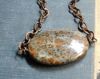 Scorched Earth Chunky Necklace. Leopardskin Jasper pendant &  antiqued  copper texture oval chain necklace. ooak Statement jewelry . Earthy