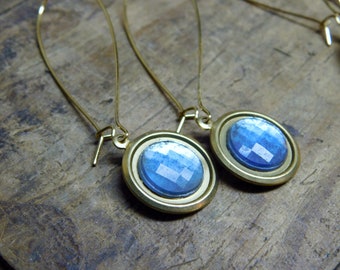 Full Moon Eclipse | Sapphire Blue Pressed Glass Coins & Golden brass earrings.  #FestiveEtsyFinds