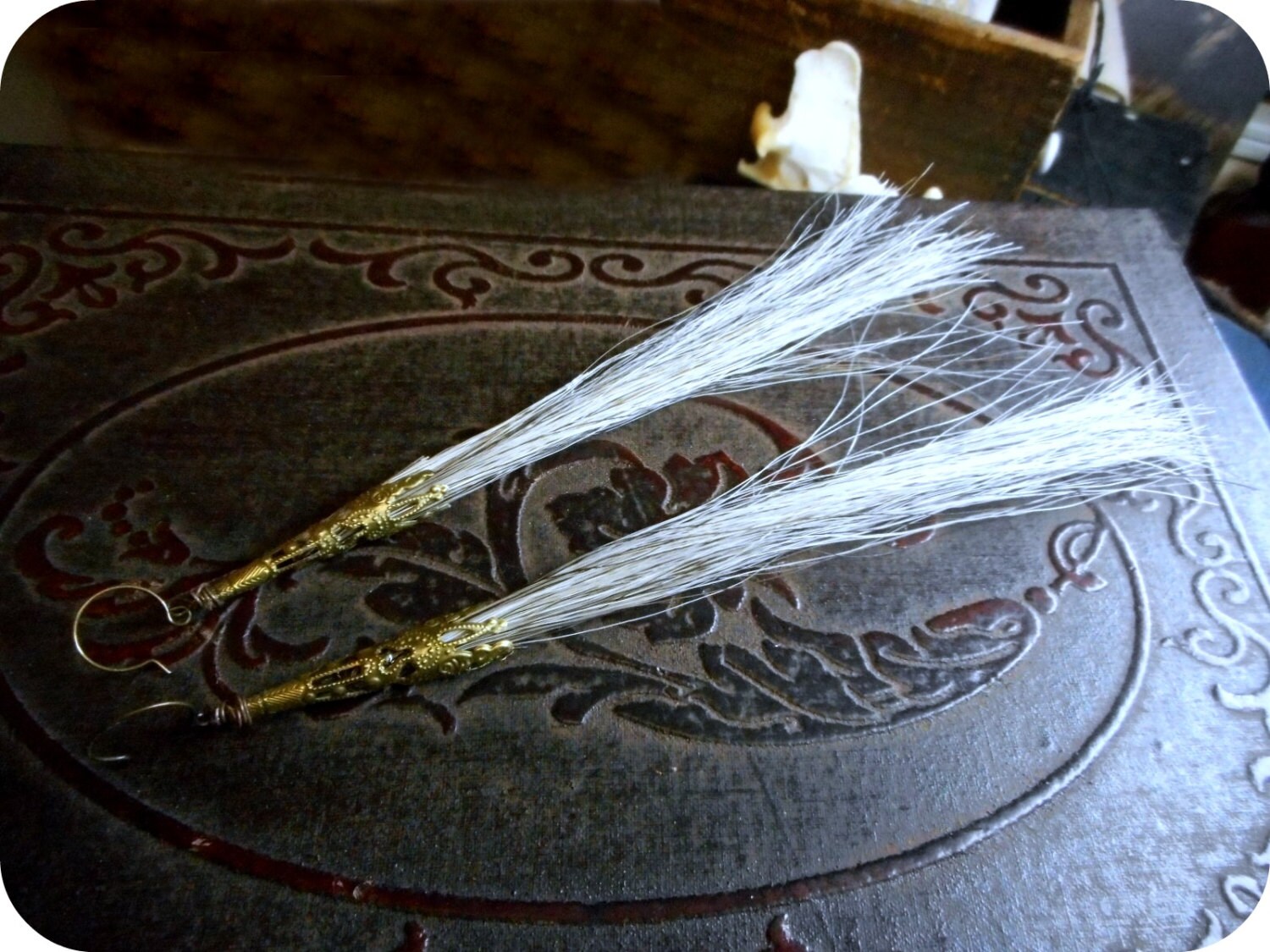 White Horse Earrings. (Skinfaxi) Greyish White Horse Hair & Antiqued Victorian Bead Caps. Day Horse of DAGR. Shining Mane Long Decadent Hair