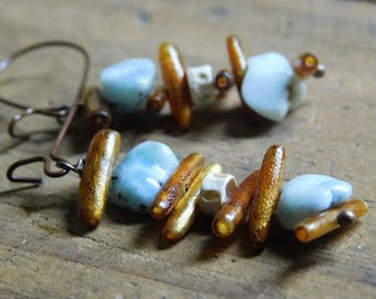 Persephone's Reef. Golden Coral Branches, genuine shark vertebra, and Larimar stones Dangle Earrings  #FestiveEtsyFinds
