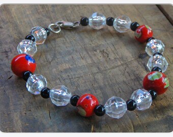 Poisoned Apples. Glass and Sterling Silver One of a kind bracelet Glass Lamp Work Beads, Lucite Crystals, & Black onyx  #FestiveEtsyFinds