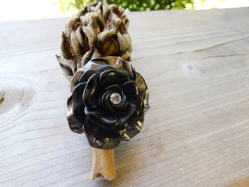 Cocktail ring Ebony Rose Tea ring /& Black enamel adjustable Large Rose metal ring Hematite Gunmetal