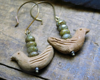 Nightingale Earrings. Tiny carved Terra Cotta birds & Mushroom Czech glass rondelles  #FestiveEtsyFinds