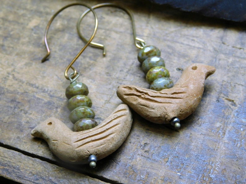 Tiny carved Terra Cotta birds /& Mushroom Czech glass rondelles Nightingale Earrings