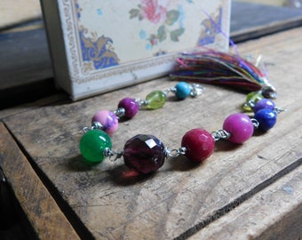 The Ostara No.2 Gemstone & Glass Bracelet. Amazonite, Glass, Turquoise, Peridot, Candy Jade, Aventurine and Silk Tassel Easter Spring colors