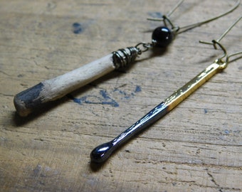 Burnt Offerings. Gold Plated Brass Burnt Matchstick, Hypersthene Crystal, and Genuine Driftwood Boho weird asymmetrical earrings.