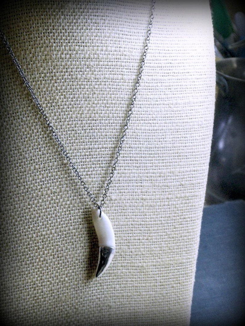 May include: A silver chain necklace with a white fang pendant.