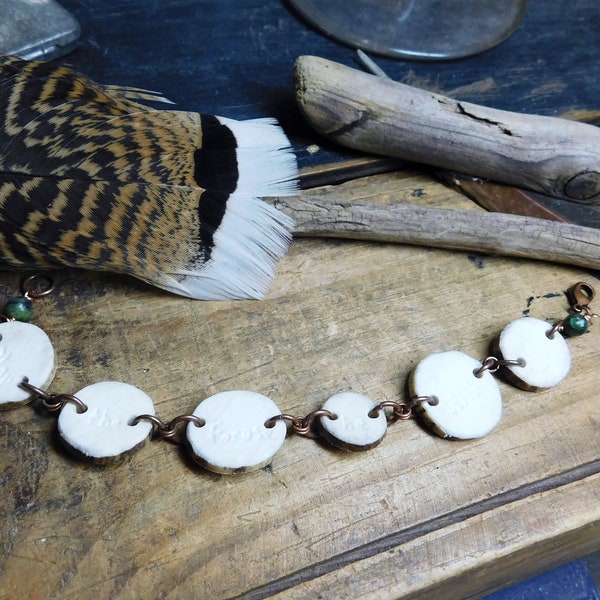 Deer Antler Slab slice woodland bracelet "May The Forest Be With You" carved deer antler. Green / Black Agate & copper beaded ooak bracelet