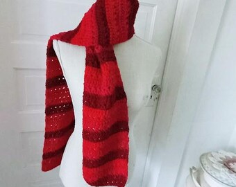 Chateau Merlot. Handmade Crocheted Deluxe Textured Scarf in Wine, Scarlet, & Rouge Red Stripes. Ladies or Gentlemens Scarf Neck Wrap