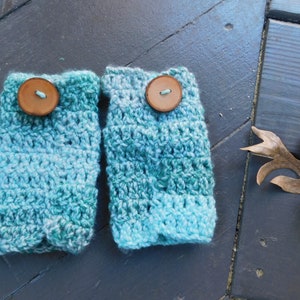 The Druid of Spruce Wood Forest Handmade Textured Crocheted Fingerless Gloves, Arm Warmers, & genuine wood buttons. Rustic Woodland gloves