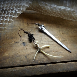 The Graveyard Undertaker Gothic Earrings. Snake Rib  Bone Cross Crucifix and Coffin Nail Gothic Urban asymmetrical earrings