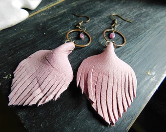 Blood of My Blood. Genuine Pink Leather Fringe & Ruby Pink Tourmaline Boho Tribal earrings.  #FestiveEtsyFinds